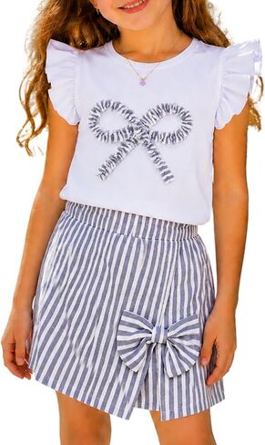 Toddler Girls Clothes Summer Short Sleeve T-Shirt + Short Shorts 2pcs Bow Outfit Set For Girls, Size 4-8 Years in Kuwait