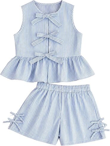 Girls Clothes Summer 2 Piece Outfits Sleeveless Striped Bowknot Ruffle Top and Shorts Set for 7-14 Years Old in Saudi Arabia