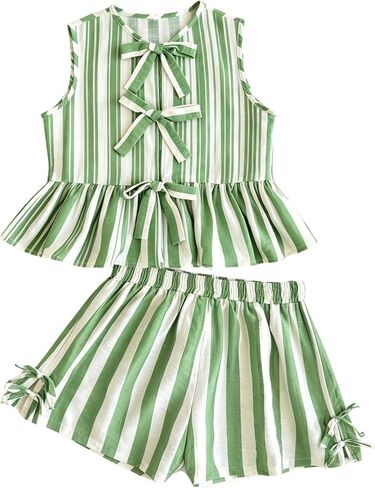Girls Clothes Summer 2 Piece Outfits Sleeveless Striped Bowknot Ruffle Top and Shorts Set for 7-14 Years Old in Saudi Arabia