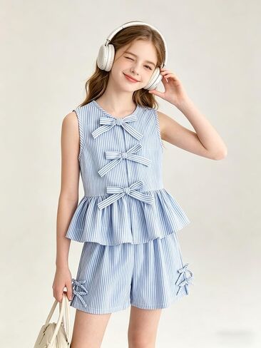 Girls Clothes Summer 2 Piece Outfits Sleeveless Striped Bowknot Ruffle Top and Shorts Set for 7-14 Years Old in Saudi Arabia