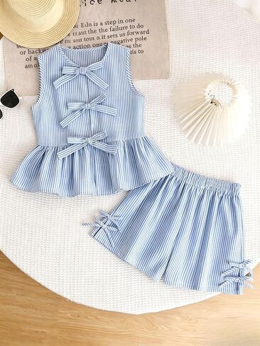 Girls Clothes Summer 2 Piece Outfits Sleeveless Striped Bowknot Ruffle Top and Shorts Set for 7-14 Years Old in Saudi Arabia
