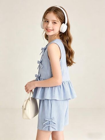 Girls Clothes Summer 2 Piece Outfits Sleeveless Striped Bowknot Ruffle Top and Shorts Set for 7-14 Years Old in Saudi Arabia