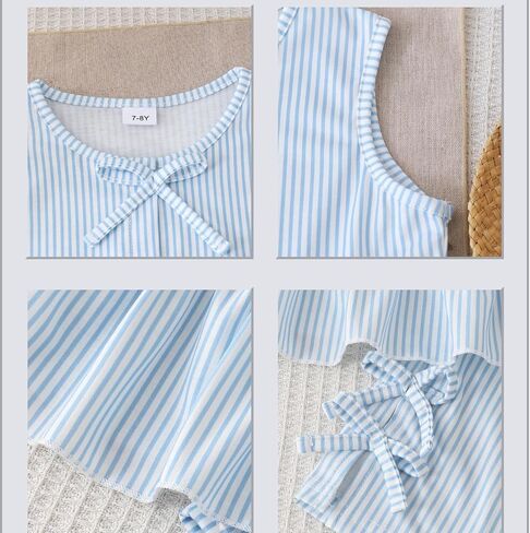 Girls Clothes Summer 2 Piece Outfits Sleeveless Striped Bowknot Ruffle Top and Shorts Set for 7-14 Years Old in Saudi Arabia