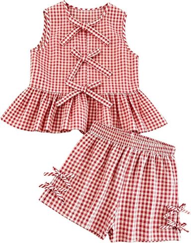 Girls Clothes Summer 2 Piece Outfits Sleeveless Striped Bowknot Ruffle Top and Shorts Set for 7-14 Years Old in Saudi Arabia