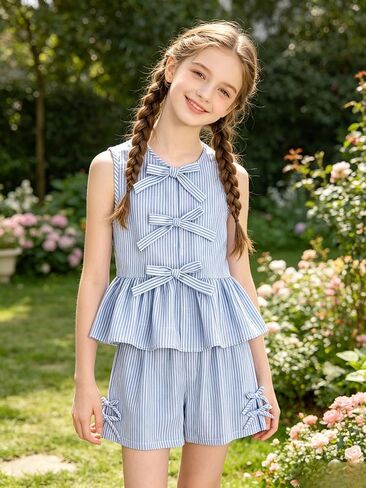 Girls Clothes Summer 2 Piece Outfits Sleeveless Striped Bowknot Ruffle Top and Shorts Set for 7-14 Years Old in Saudi Arabia