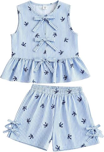 Girls Clothes Summer 2 Piece Outfits Sleeveless Striped Bowknot Ruffle Top and Shorts Set for 7-14 Years Old in Saudi Arabia