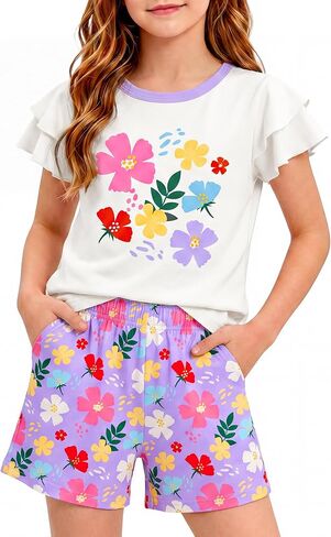Girls Summer Outfits 2 Piece Clothes Kids Ruffle Short Sleeve T Shirt and Elastic Waist Shorts Sets with Pockets in Saudi Arabia