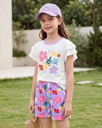 Girls Summer Outfits 2 Piece Clothes Kids Ruffle Short Sleeve T Shirt and Elastic Waist Shorts Sets with Pockets in Saudi Arabia