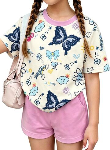 Girls Clothes 2PCS Butterfly Print Short Sleeve T-Shirt + Shorts Set Teen Tween Girls Summer Outfits Set in Saudi Arabia