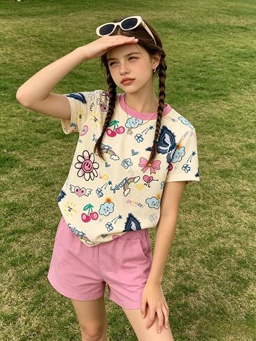 Girls Clothes 2PCS Butterfly Print Short Sleeve T-Shirt + Shorts Set Teen Tween Girls Summer Outfits Set in Saudi Arabia