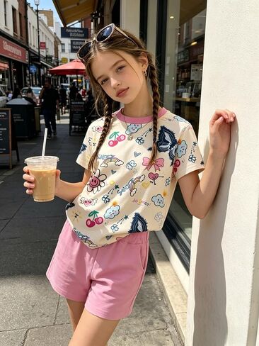 Girls Clothes 2PCS Butterfly Print Short Sleeve T-Shirt + Shorts Set Teen Tween Girls Summer Outfits Set in Saudi Arabia