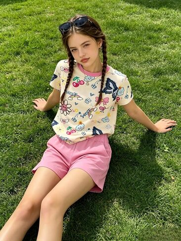 Girls Clothes 2PCS Butterfly Print Short Sleeve T-Shirt + Shorts Set Teen Tween Girls Summer Outfits Set in Saudi Arabia