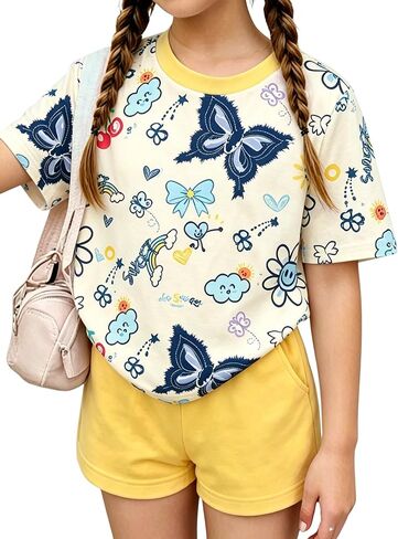 Girls Clothes 2PCS Butterfly Print Short Sleeve T-Shirt + Shorts Set Teen Tween Girls Summer Outfits Set in Saudi Arabia