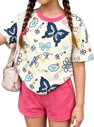 Girls Clothes 2PCS Butterfly Print Short Sleeve T-Shirt + Shorts Set Teen Tween Girls Summer Outfits Set in Saudi Arabia