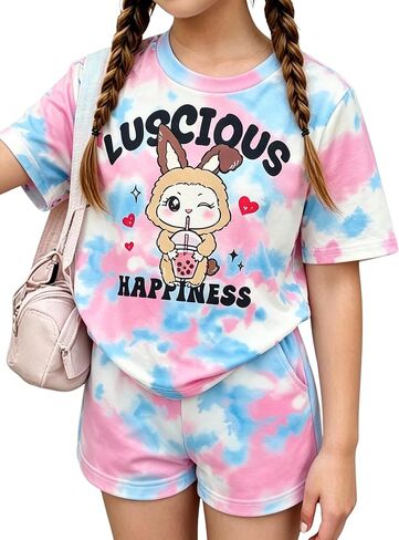 Girls Clothes 2PCS Butterfly Print Short Sleeve T-Shirt + Shorts Set Teen Tween Girls Summer Outfits Set in Saudi Arabia