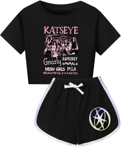 Katseye Pop Girls Short T-Shirt and Shorts 2Pcs Outfit Yoga Set Graphic Music Fans Clothing Suit For 5-13Years in Kuwait
