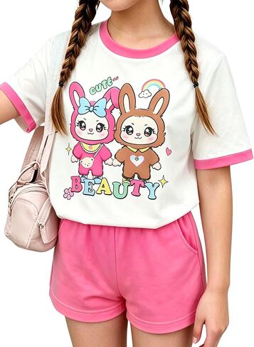 Girls Clothes 2PCS Butterfly Print Short Sleeve T-Shirt + Shorts Set Teen Tween Girls Summer Outfits Set in Saudi Arabia
