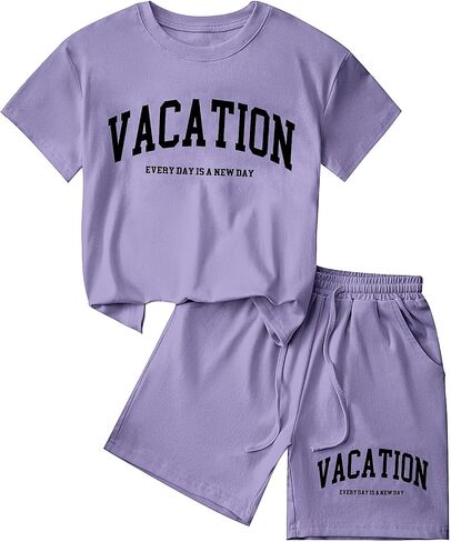 Girls 2 Piece Short Sets Cotton Rib-Knit T-Shirt and Shorts Vacation Outfits in Saudi Arabia