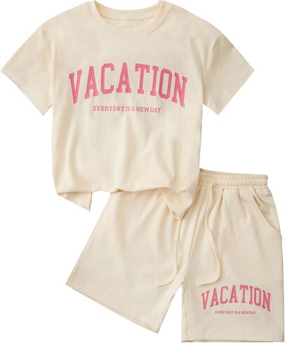 Girls 2 Piece Short Sets Cotton Rib-Knit T-Shirt and Shorts Vacation Outfits in Kuwait
