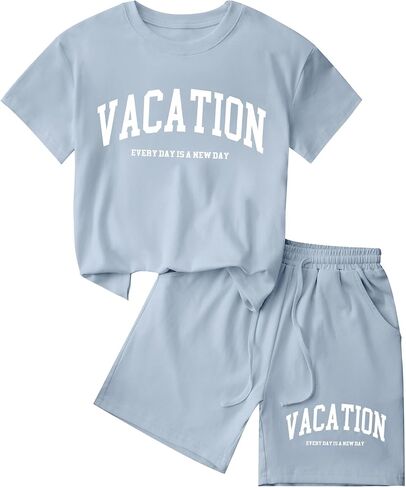 Girls 2 Piece Short Sets Cotton Rib-Knit T-Shirt and Shorts Vacation Outfits in Kuwait