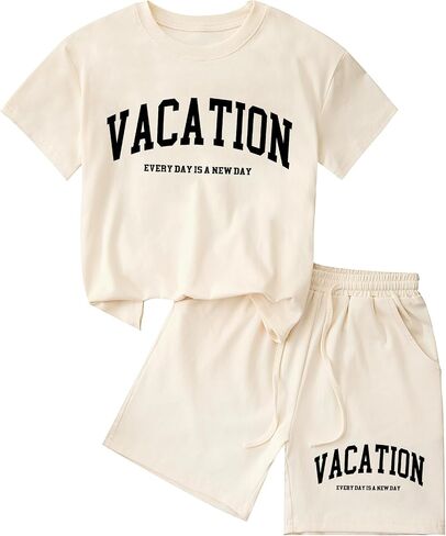 Girls 2 Piece Short Sets Cotton Rib-Knit T-Shirt and Shorts Vacation Outfits in Kuwait