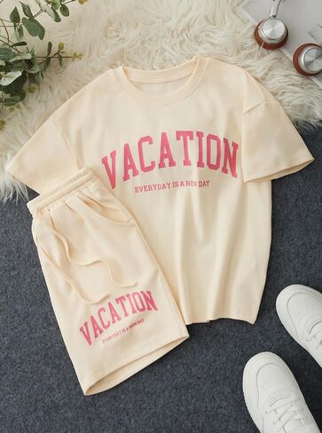 Girls 2 Piece Short Sets Cotton Rib-Knit T-Shirt and Shorts Vacation Outfits in Kuwait