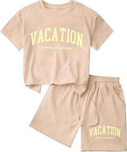 Girls 2 Piece Short Sets Cotton Rib-Knit T-Shirt and Shorts Vacation Outfits in Kuwait