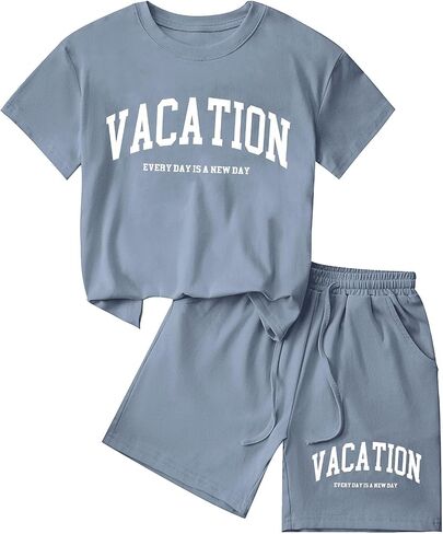 Girls 2 Piece Short Sets Cotton Rib-Knit T-Shirt and Shorts Vacation Outfits in Kuwait