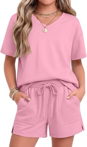 Girls' 2 Piece Summer Outfits Kids V Neck Short Sleeve Shirt and Drawstring Pockets Shorts Set Loose Casual Sets in Saudi Arabia