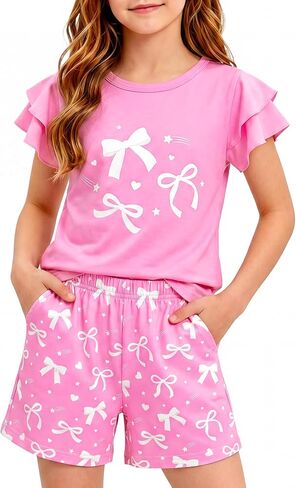 Girls Summer Outfits 2 Piece Clothes Kids Ruffle Short Sleeve T Shirt and Elastic Waist Shorts Sets with Pockets in Saudi Arabia