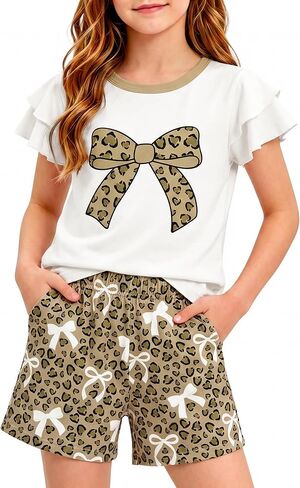 Girls Summer Outfits 2 Piece Clothes Kids Ruffle Short Sleeve T Shirt and Elastic Waist Shorts Sets with Pockets in Saudi Arabia