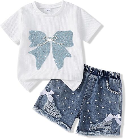 Girls Clothes 2 Piece Outfits Butterfly Embroidery T-Shirt & Denim Shorts Kids Summer Casual Clothes Set for 5-12Y in Saudi Arabia
