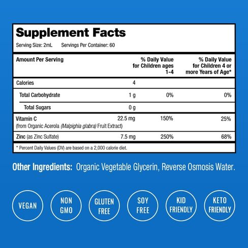 NutraChamps Liquid Zinc Drops for Kids, Ionic Zinc Drops Enhanced with Vitamin C for Children, Sugar-Free 4 oz, Vegan & Non-GMO, Unflavored, 60 Servings, 2 Month Supply in Kuwait