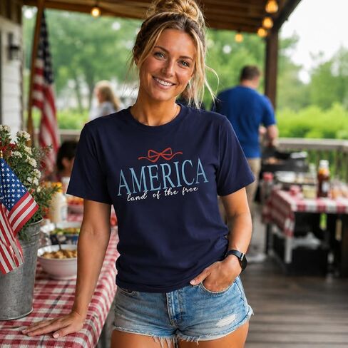 America Shirts for Women Land of The Free Shirt America Flag Coquette Bow T-Shirt USA Patriotic Tees 4th of July Outfits in Kuwait