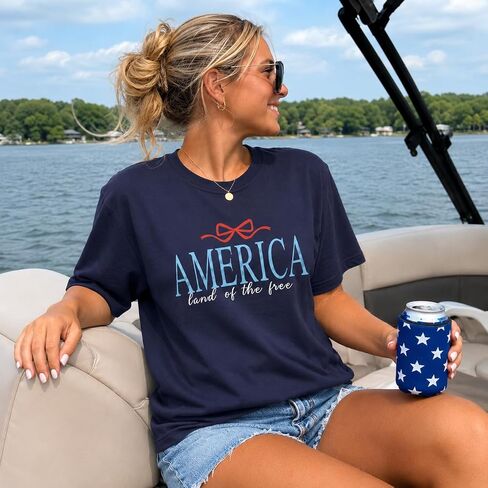 America Shirts for Women Land of The Free Shirt America Flag Coquette Bow T-Shirt USA Patriotic Tees 4th of July Outfits in Kuwait