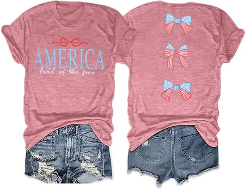 America Shirts for Women Land of The Free Shirt America Flag Coquette Bow T-Shirt USA Patriotic Tees 4th of July Outfits in Kuwait