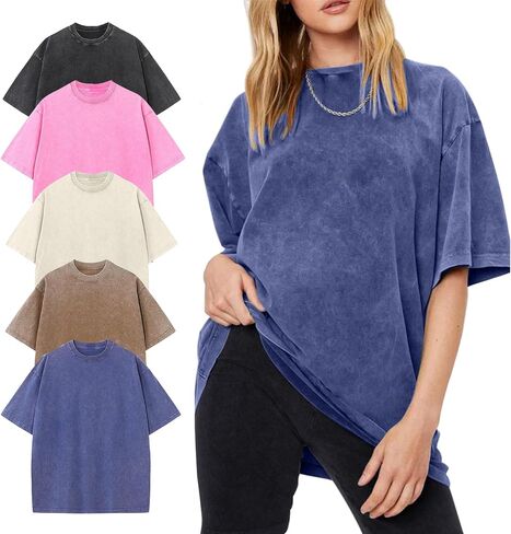 تي شيرتات Arssm نسائية كبيرة الحجم من القطن بحمض غسيل Boyfriend تي شيرت فضفاض مناسب عتيق in Kuwait