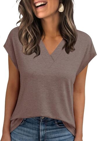 Womens Summer Tops Casual Spring V Neck T Shirts Cap Sleeve Basic Trendy Blouses Beach Vacation Clothes Fashion Outfits 2026 in Kuwait