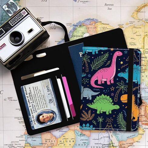 PU Leather Passport Holder Cover 5.9×4.3 Inch with Credit Card Slot Boarding Pass Slot Combo Blocking Passport Holder Wallet Cover Case for Travel Boarding Essentials(Cartoon Dinosaur) in Kuwait
