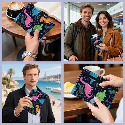 PU Leather Passport Holder Cover 5.9×4.3 Inch with Credit Card Slot Boarding Pass Slot Combo Blocking Passport Holder Wallet Cover Case for Travel Boarding Essentials(Cartoon Dinosaur) in Kuwait