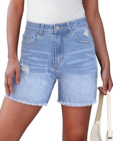 Jean Shorts Women Trendy High Waisted Stretchy Ripped Denim Summer Frayed Raw Hem Mom Long Shorts Cutoff Jorts in Saudi Arabia