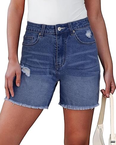 Jean Shorts Women Trendy High Waisted Stretchy Ripped Denim Summer Frayed Raw Hem Mom Long Shorts Cutoff Jorts in Saudi Arabia