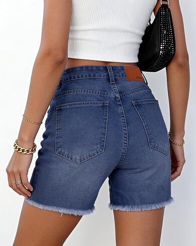 Jean Shorts Women Trendy High Waisted Stretchy Ripped Denim Summer Frayed Raw Hem Mom Long Shorts Cutoff Jorts in Saudi Arabia