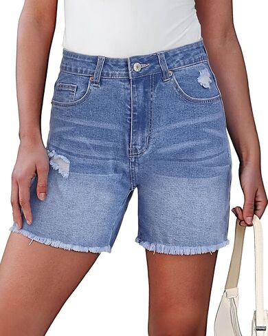 Jean Shorts Women Trendy High Waisted Stretchy Ripped Denim Summer Frayed Raw Hem Mom Long Shorts Cutoff Jorts in Saudi Arabia