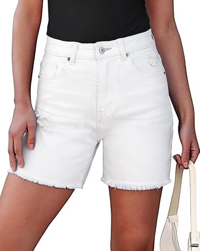 Jean Shorts Women Trendy High Waisted Stretchy Ripped Denim Summer Frayed Raw Hem Mom Long Shorts Cutoff Jorts in Saudi Arabia