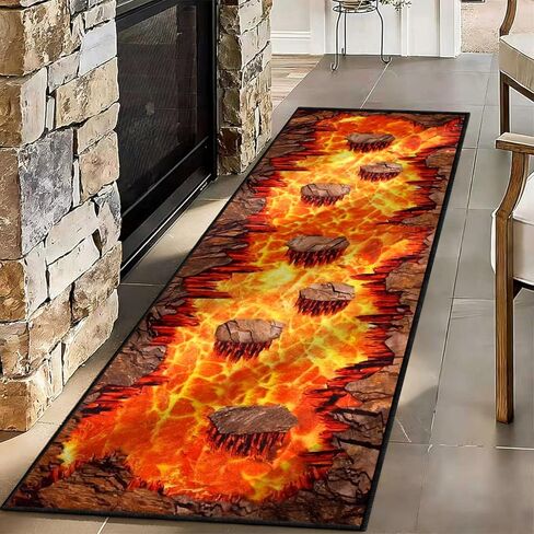 3D Optical Illusion Flame Runner Rug, 2x7ft, Abstract Lava Long Kitchen Rug,Retro Rock Cracks Print Laundry Room Runner Rug, for Runner Rug for Entryway Indoor Bedroom Runner Rug in Saudi Arabia