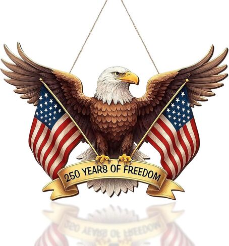 American Flag Eagle Bow Door Decor, 250 Years of Freedom Door Wreath, 1776-2026 250th Anniversary 4th of July Door Sign, Patriotic Wooden Hanging Sign, Independence Day Decor for Front Door Porch in Saudi Arabia