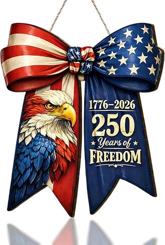 American Flag Eagle Bow Door Decor, 250 Years of Freedom Door Wreath, 1776-2026 250th Anniversary 4th of July Door Sign, Patriotic Wooden Hanging Sign, Independence Day Decor for Front Door Porch in Saudi Arabia