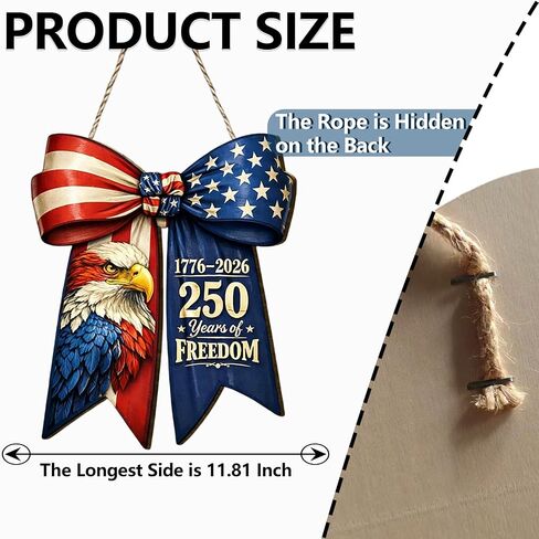 American Flag Eagle Bow Door Decor, 250 Years of Freedom Door Wreath, 1776-2026 250th Anniversary 4th of July Door Sign, Patriotic Wooden Hanging Sign, Independence Day Decor for Front Door Porch in Saudi Arabia