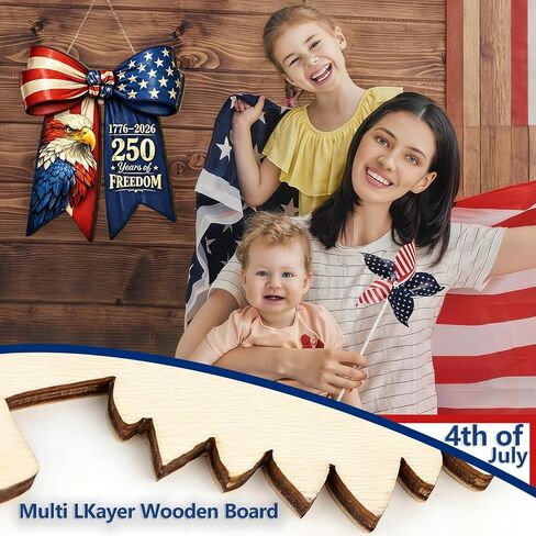 American Flag Eagle Bow Door Decor, 250 Years of Freedom Door Wreath, 1776-2026 250th Anniversary 4th of July Door Sign, Patriotic Wooden Hanging Sign, Independence Day Decor for Front Door Porch in Saudi Arabia